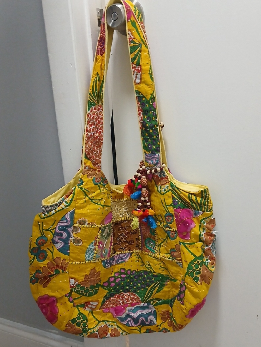 Yellow Floral Quilted Tote Bag with Multicolor Embellishments